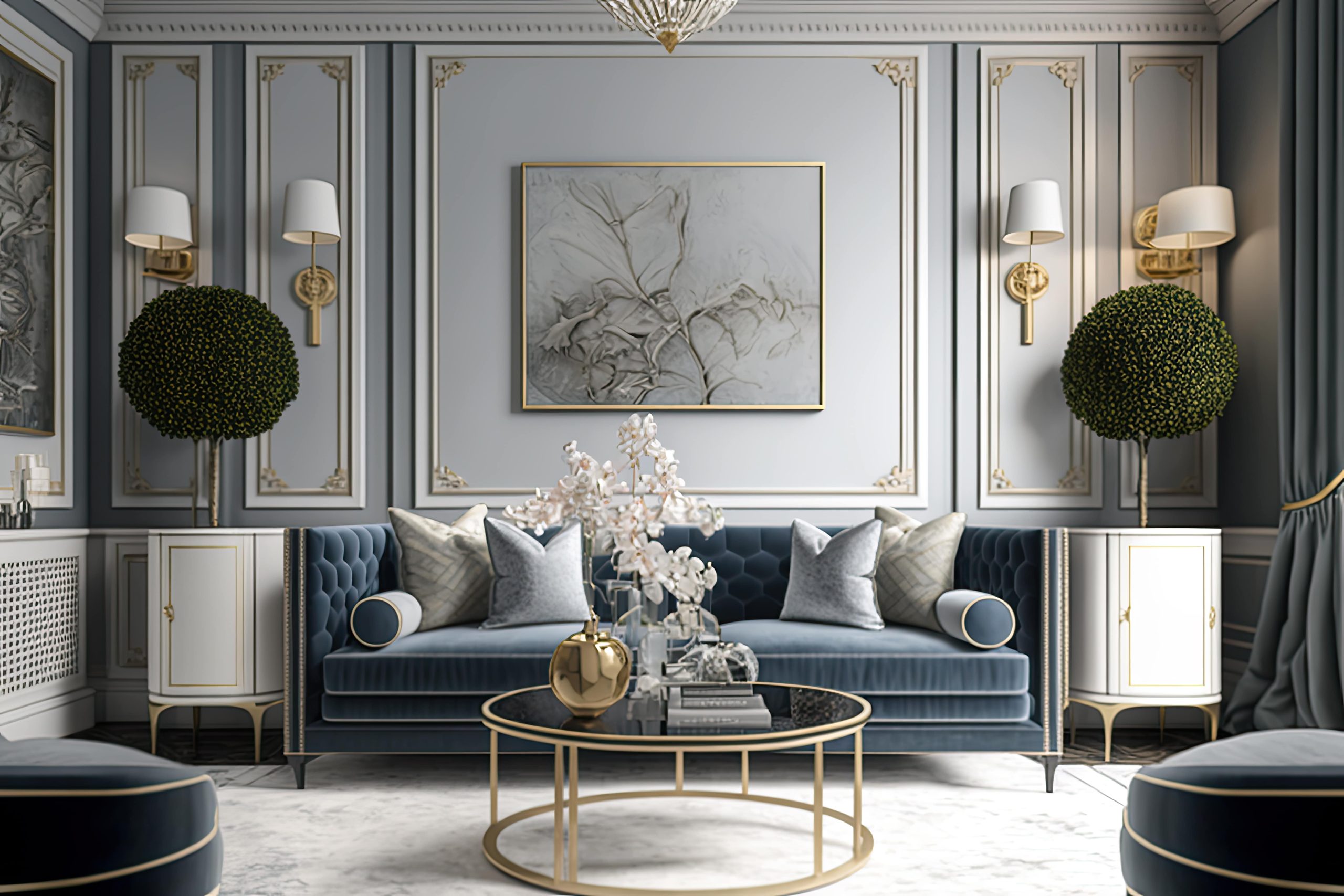 living room with blue sofa gold coffee table min scaled